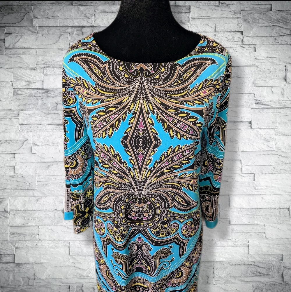 Teal Turquoise Stretch Mini Dress 3/4 Sleeves Boat Neck Flattering Fit D10 - Picture 11 of 11